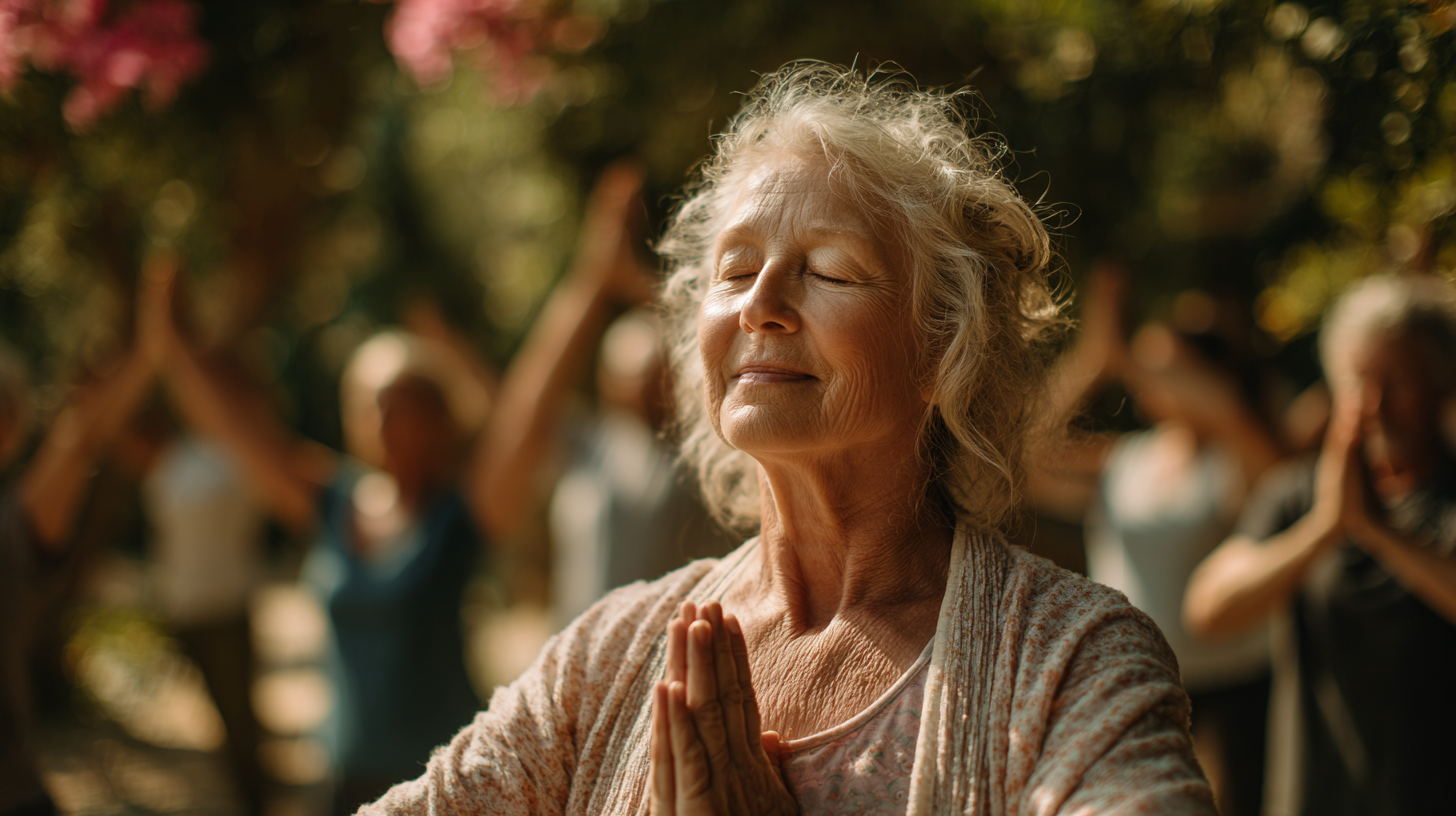 Senior praktykująca jogę w naturalnym otoczeniu